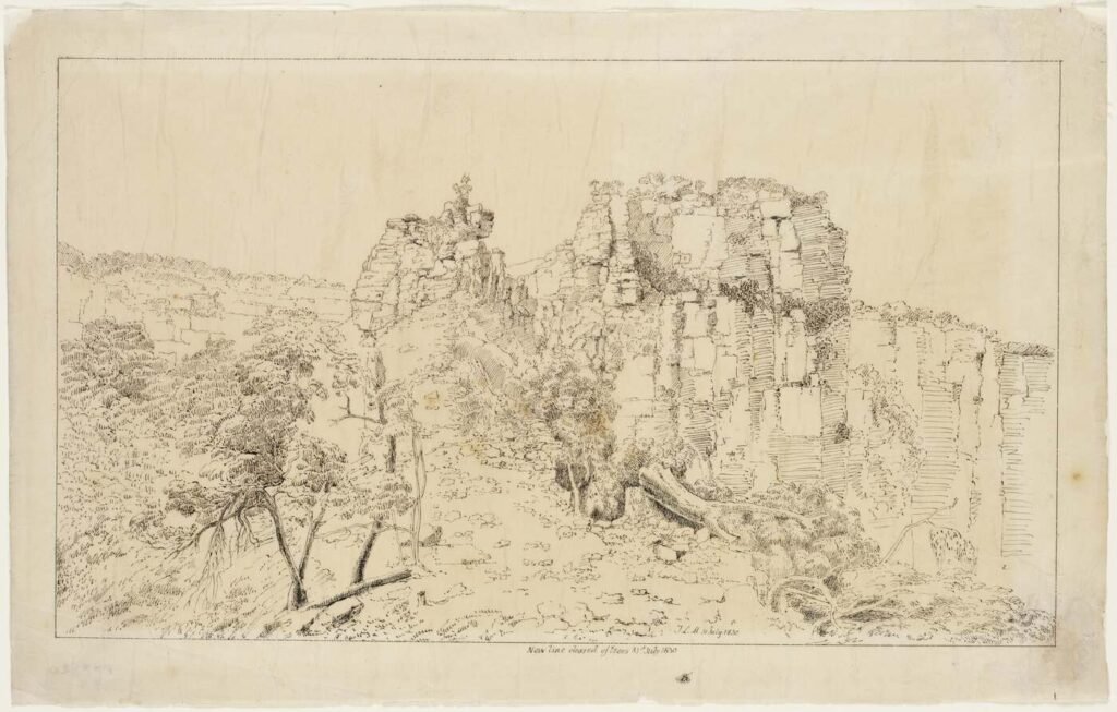 Construction of Victoria Pass Blue Mountains 1830 historical drawing showing convict road building sites