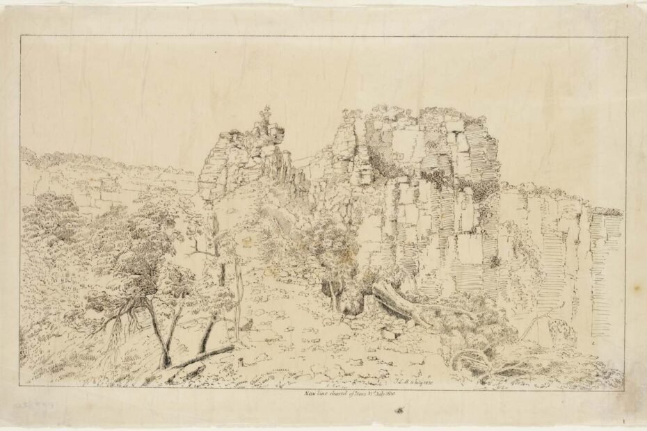 Construction of Victoria Pass Blue Mountains 1830 historical drawing showing convict road building sites